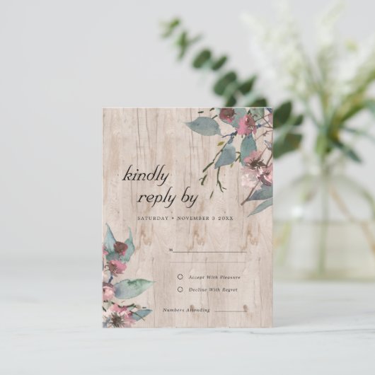 Cartons Réponse Eucalyptus rose sauvage en bois rustique Mariage (Debout devant)