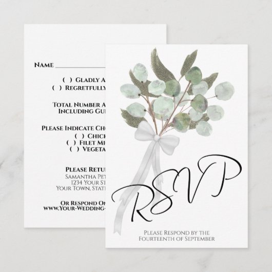 Cartons Réponse Eucalyptus rustique & Bouquet Vert Mariage chic (Devant / Derrière)