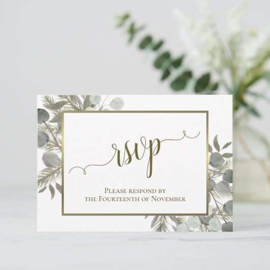 Cartons Réponse Eucalyptus rustique & Pine Sage Vert & Mariage Or (Debout devant)