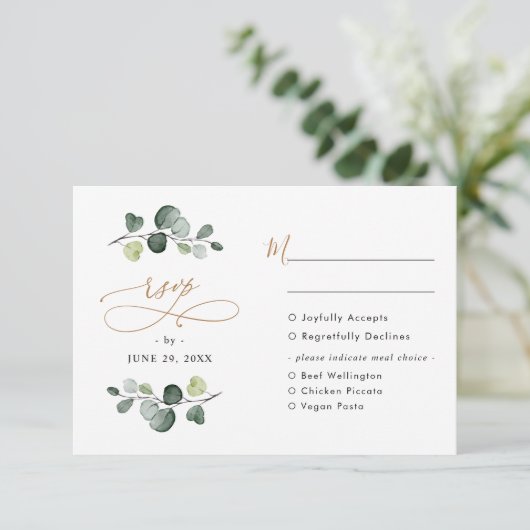 Cartons Réponse Eucalyptus Rustique Verdure Options de repas d'or (Debout devant)