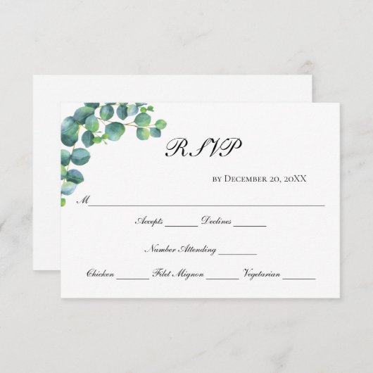 Cartons Réponse Eucalyptus Script Botanique Moderne Mariage élégan (Devant / Derrière)