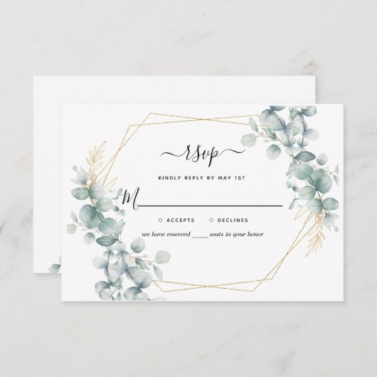 Cartons Réponse Eucalyptus Verdure or Géométrique Rustique Mariage (Devant / Derrière)