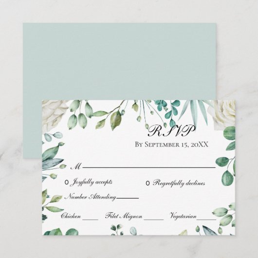 Cartons Réponse Faireuses de Mariage Botanique de Roses Blanches E (Devant / Derrière)