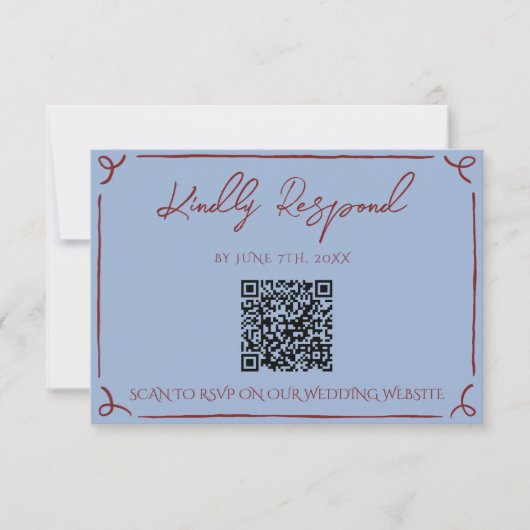 Cartons Réponse Fancy Deep Red Blue Frame Whimsy Wedding QR Code (Devant)