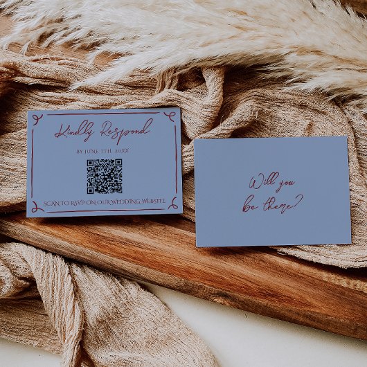 Cartons Réponse Fancy Deep Red Blue Frame Whimsy Wedding QR Code