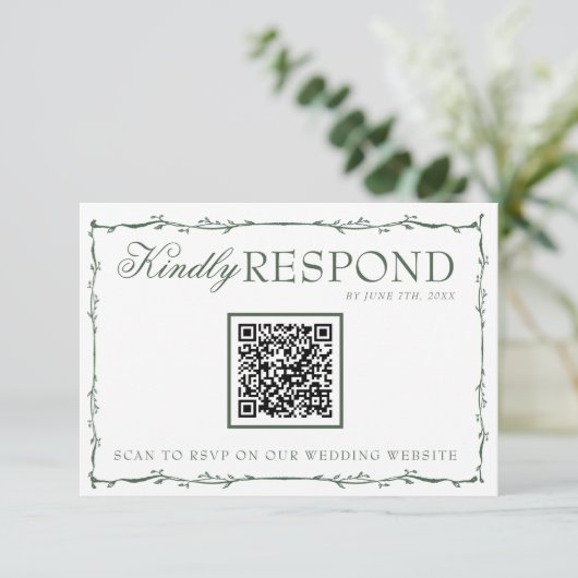 Cartons Réponse Fancy Emerald Green Branches Boho QR Code Wedding (Debout devant)