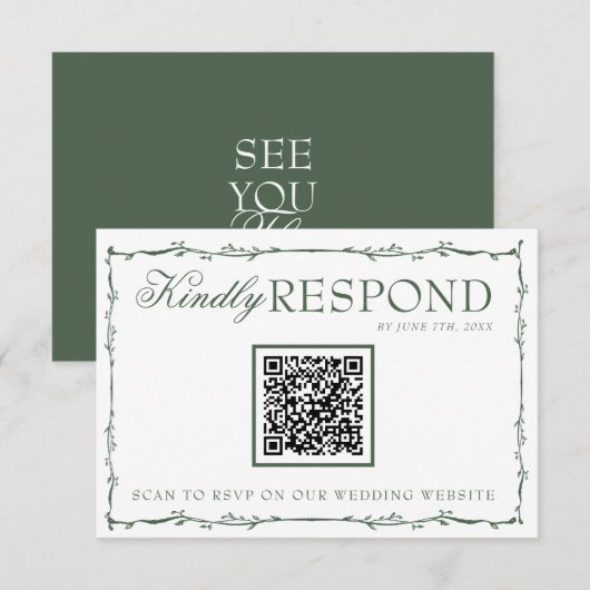 Cartons Réponse Fancy Emerald Green Branches Boho QR Code Wedding (Devant / Derrière)