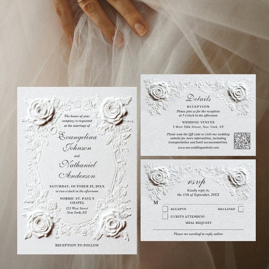 Cartons Réponse Faux Embossés Roses Élégant Mariage Script