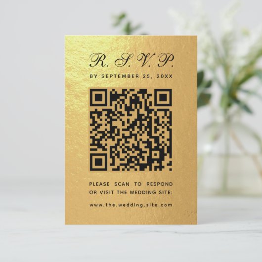 Cartons Réponse Faux Gold Foil QR Code noir Script Mariage de luxe (Debout devant)