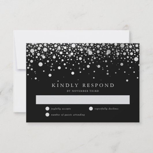 Cartons Réponse Faux Silver Foil Confetti Mariage noir et argent (Devant)