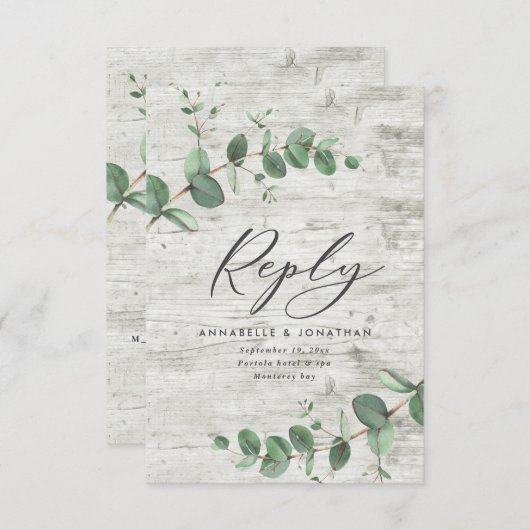 Cartons Réponse feuillage vert eucalyptus mariage en bois blanc RS (Devant / Derrière)