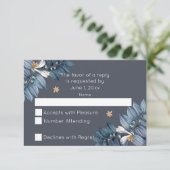 Cartons Réponse Feuille bleu Fleur blanche Mariage moderne (Debout devant)