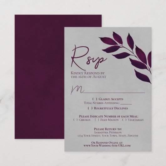 Cartons Réponse Feuilles désireux Cassis Purple & Grey Mariage (Devant / Derrière)