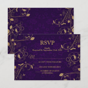 Cartons Réponse Feuilles Florales Dorées Mariage Moderne Violet Fê