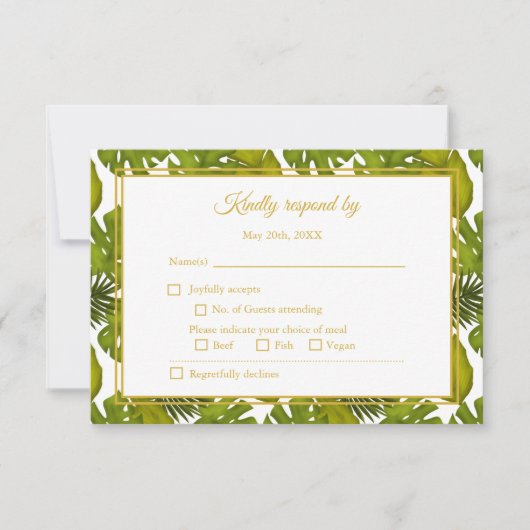 Cartons Réponse Feuilles tropicaux Mariage vert et or (Devant)