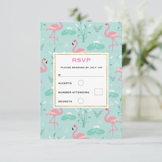 Cartons Réponse Flamants roses rose pastel Motif Mariage  vert (Debout devant)