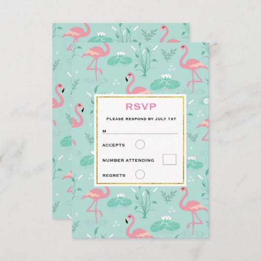 Cartons Réponse Flamants roses rose pastel Motif Mariage  vert (Devant / Derrière)