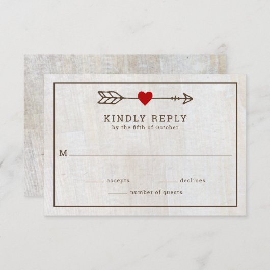 Cartons Réponse Flèches rustiques Mariage de coeur rouge (Devant / Derrière)