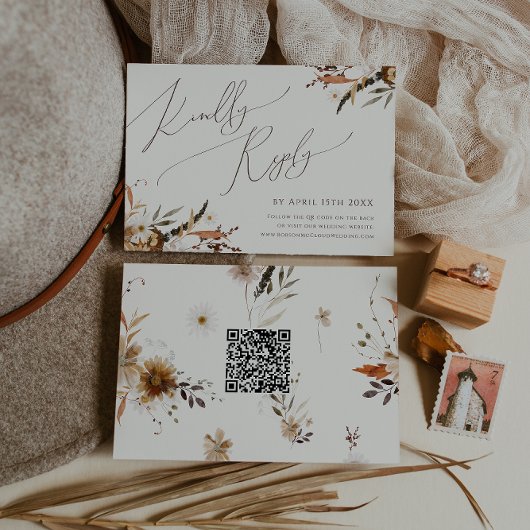 Cartons Réponse Fleur sauvage d'automne Boho | Code QR horizontal