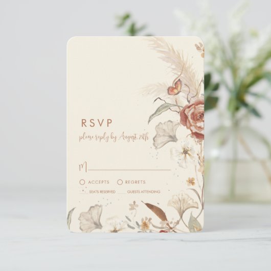 Cartons Réponse Fleur sauvage Floral BOHO Cream Mariage en terre c (Debout devant)