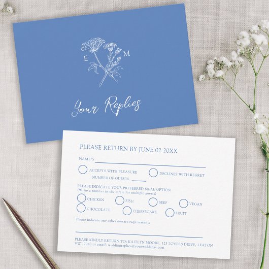 Cartons Réponse Fleur sauvage monogramme bleu option mariage