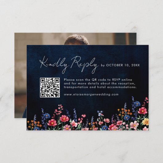 Cartons Réponse Fleur sauvage Rustique Pays Boho Navy QR Code Phot (Devant / Derrière)