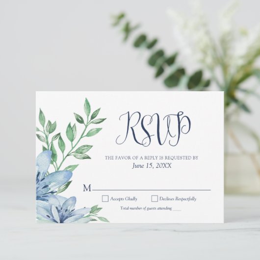 Cartons Réponse Fleurs aquarelles bleu poussiéreux et bleu marine (Debout devant)