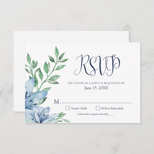 Cartons Réponse Fleurs aquarelles bleu poussiéreux et bleu marine (Devant / Derrière)