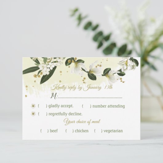 Cartons Réponse fleurs blanches et or vert feuille choix (Debout devant)
