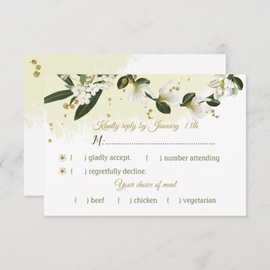 Cartons Réponse fleurs blanches et or vert feuille choix (Devant / Derrière)