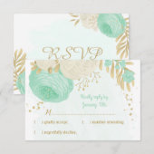Cartons Réponse fleurs blanches vert menthe or mariage (Devant / Derrière)