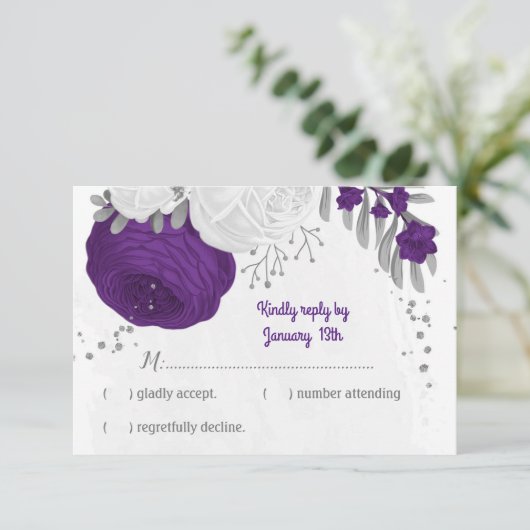 Cartons Réponse fleurs blanches violettes argent mariage botanique (Debout devant)