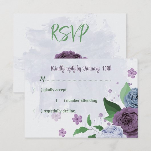 Cartons Réponse Fleurs bleu pourpre vert feuille mariage (Devant / Derrière)
