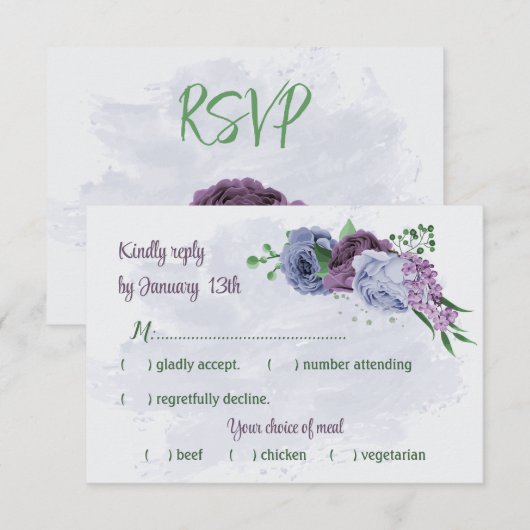 Cartons Réponse Fleurs bleu pourpre vert feuille mariage (Devant / Derrière)