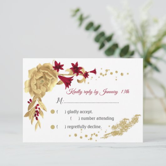 Cartons Réponse fleurs bordeaux & or & feuilles or (Debout devant)