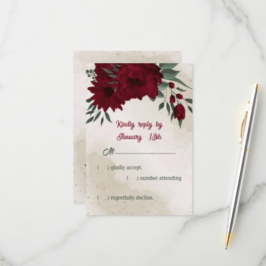 Cartons Réponse Fleurs bourguignonnes mariage (Devant/Arrière en situation)