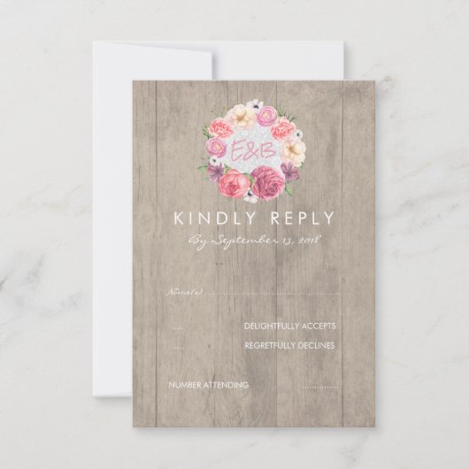 Cartons Réponse Fleurs d'aquarelle rose Mariage rustique en bois R (Devant)
