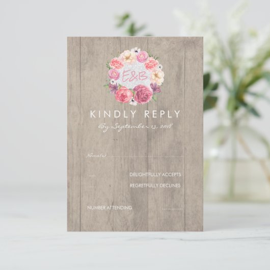 Cartons Réponse Fleurs d'aquarelle rose Mariage rustique en bois R (Debout devant)