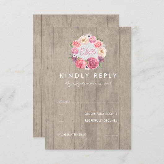 Cartons Réponse Fleurs d'aquarelle rose Mariage rustique en bois R (Devant / Derrière)