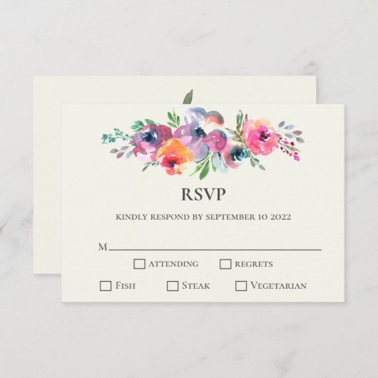 Cartons Réponse Fleurs d'aquarelle simples Mariage élégant moderne (Devant / Derrière)