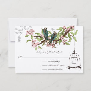 Cartons Réponse Fleurs de cerisier roses oiseaux sarcelle cage à o