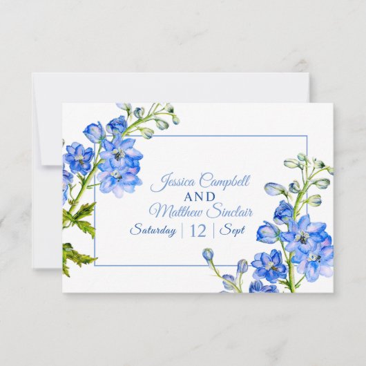 Cartons Réponse Fleurs de delphinium bleu aquarelle mariage QR cod (Devant)