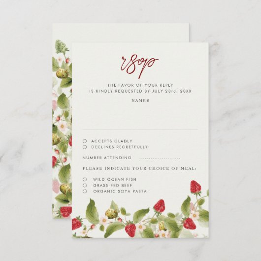 Cartons Réponse Fleurs de fraises rouges sucrées Mariage (Devant / Derrière)