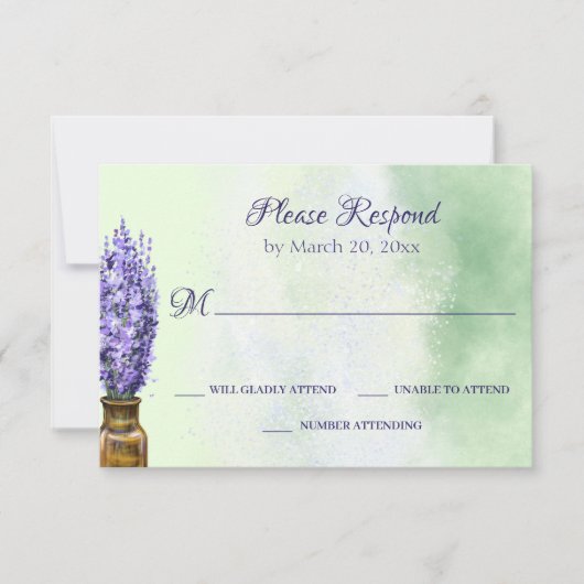 Cartons Réponse Fleurs de lavande sur Mariage de fleurs vert Sage (Devant)