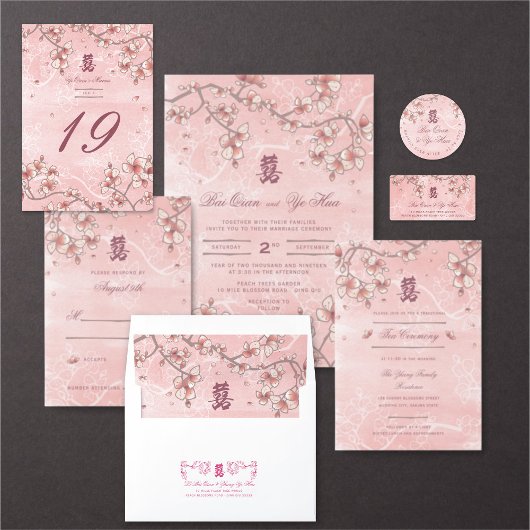 Cartons Réponse Fleurs de Pêcher Double Bonheur Mariage Chinois