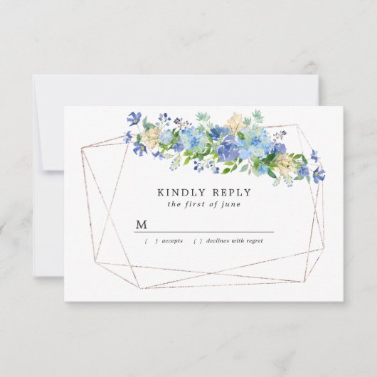 Cartons Réponse Fleurs d'hortensia bleu sur cadre géométrique doré (Devant)