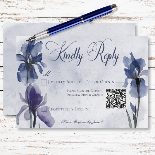 Cartons Réponse Fleurs Iris Bleu Moderne Mariage QR Code