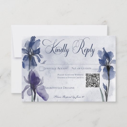 Cartons Réponse Fleurs Iris Bleu Moderne Mariage QR Code (Devant)