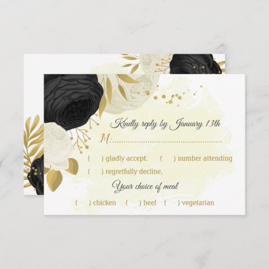 Cartons Réponse fleurs noires et blanches or choix de repas botani (Devant / Derrière)