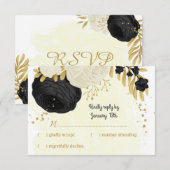 Cartons Réponse fleurs noires et blanches or mariage botanique (Devant / Derrière)